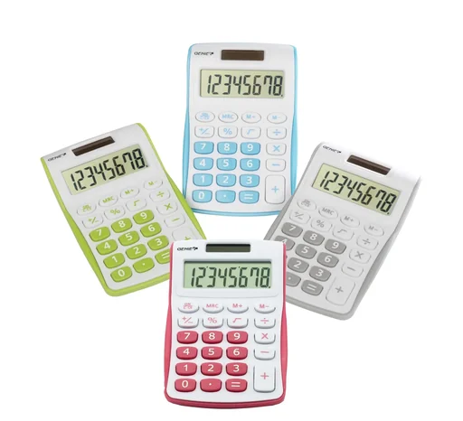 "Compact calculator with 8-digit display and dual power, pink image"