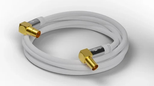 "TV antenna cable 135 dB, 4x shielded, 5 m, white - gold-plated, coaxial socket 90° > coaxial plug 90° (70422) image"