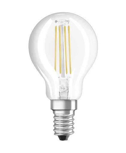 "LED CLASSIC P37 filament lamp in drop shape with 4 watts, E14, warm white, clear image"