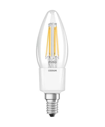 "LED SUPERSTAR FILAMENT drop lamp with 6.5 watts, E14, warm white, clear image"