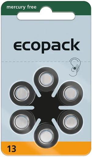 "Hearing aid battery Ecopack Type 13 (PR48) ORANGE - 6 pieces image"