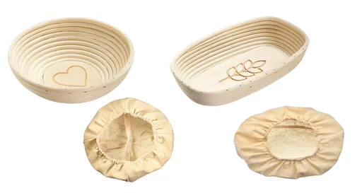 "Rattan fermentation basket with wooden base and motif and practical covers image"