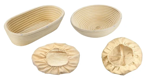 "Set of wicker fermentation baskets with cotton cover, oval image"