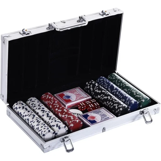 "Poker case poker set 300 poker chips 2 x deck of cards 5 x dice 1 x aluminum case 5 colors 38 x 20.5 x 6.5 cm 11.5 g/chip image"