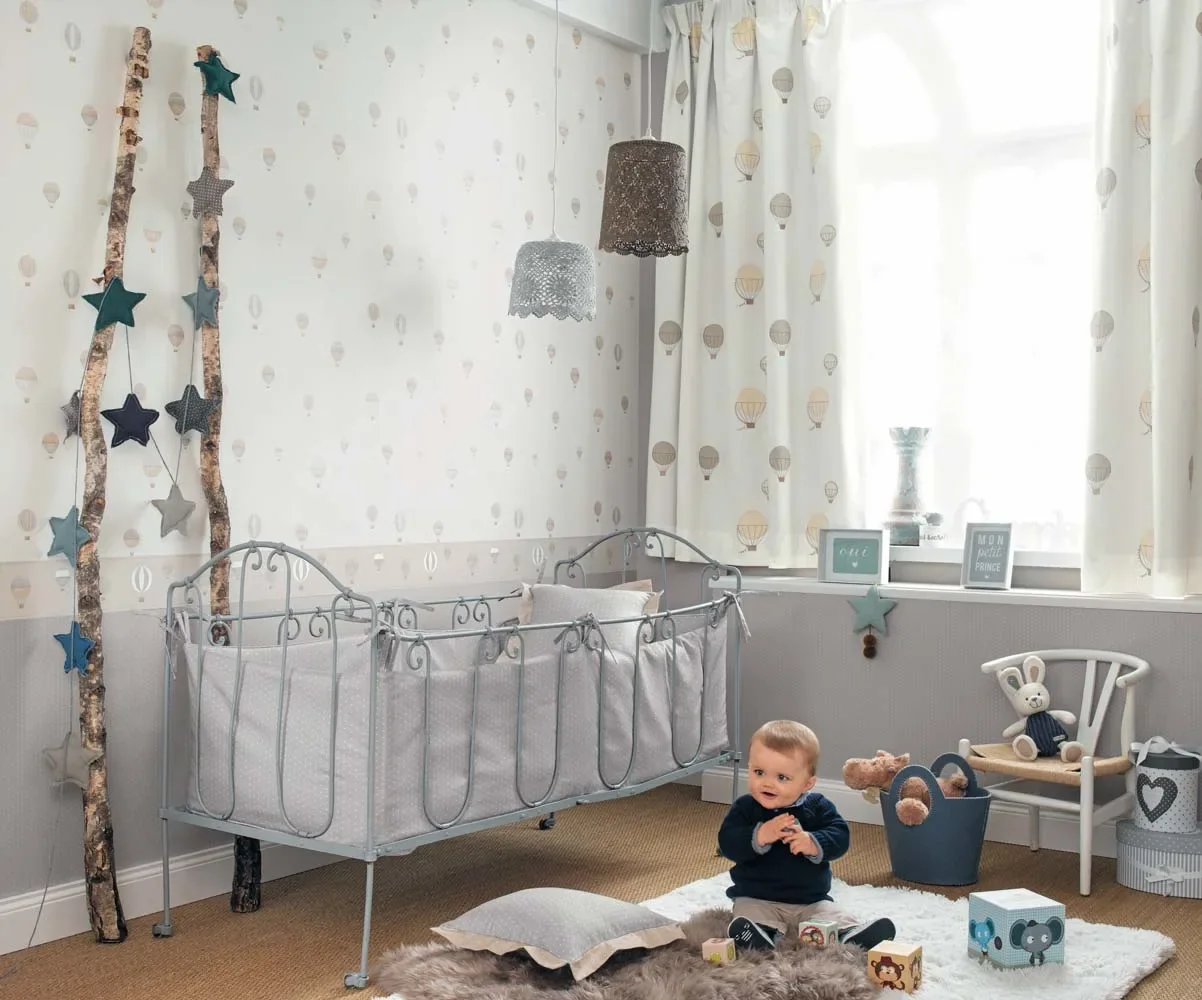 "Casadeco My Little World tapeta balony na gorące powietrze brązowy szary niebieski image"