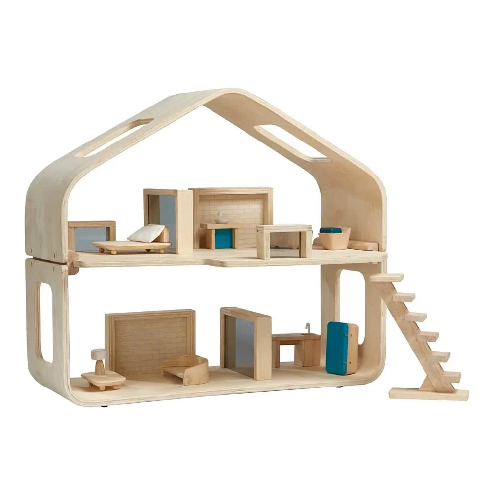 "Plan Toys Nowoczesny domek dla lalek umeblowany drewno naturalne image"