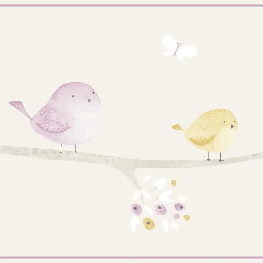 "Casadeco My Little World border birds szary fioletowy limonka image"