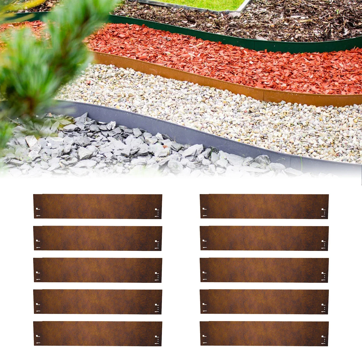 "Zestaw 10 sztuk Obrzeża trawnikowe stal kortenowska o długości 120 cm, 13,5 - 18,5 cm wysokości, obrzeża ogrodowe, Szeroki: 18.5 cm image"
