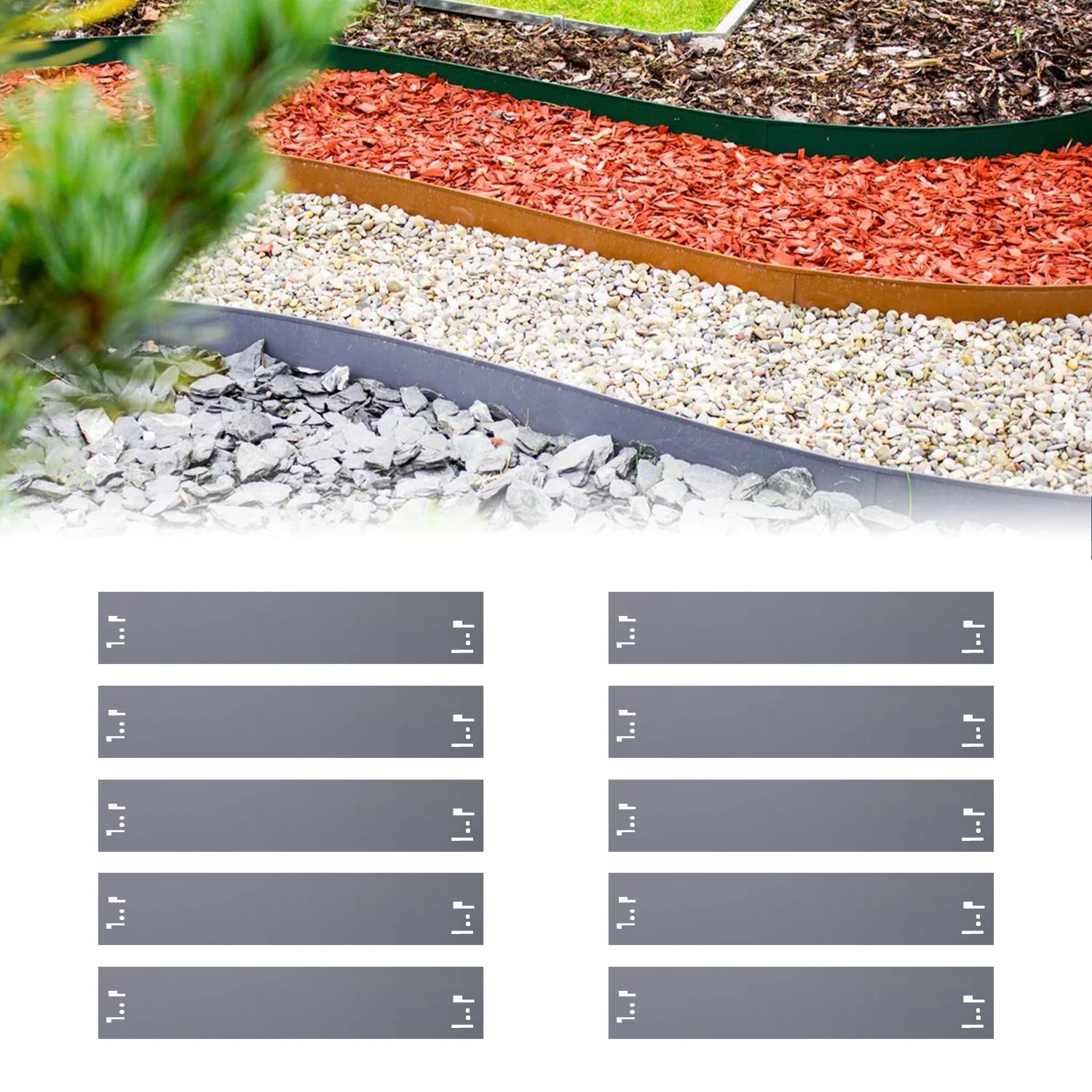 "Zestaw 10 metalowych obrzeży do trawnika o wysokości 13,5 cm i długości 120 cm | Obrzeże trawnikowe | Palisada ogrodowa, kolor: szary image"