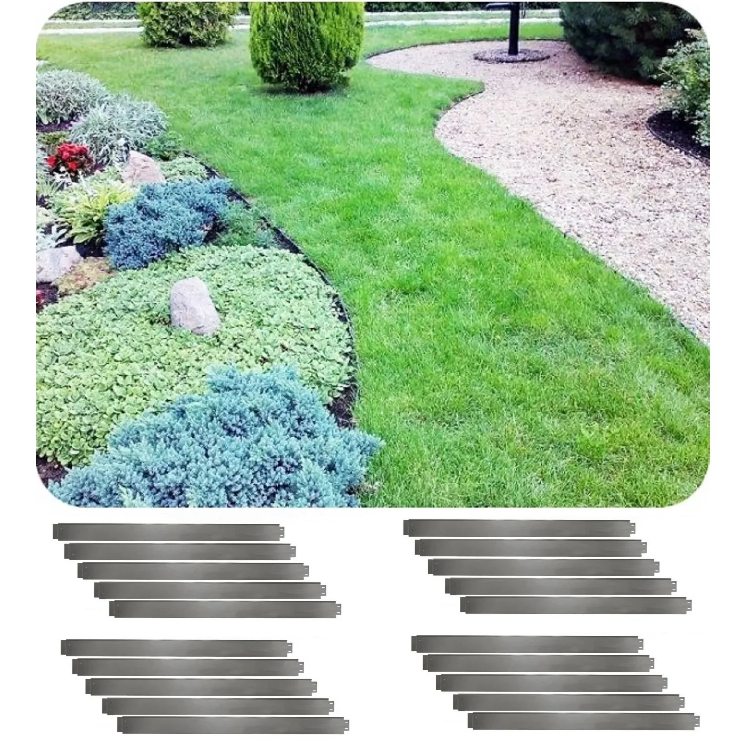 "Zestaw 20 sztuk Obrzeże trawnikowe metalowe ocynkowane 18cm x 100cm | Obrzeże trawnikowe | Palisada ogrodowa image"