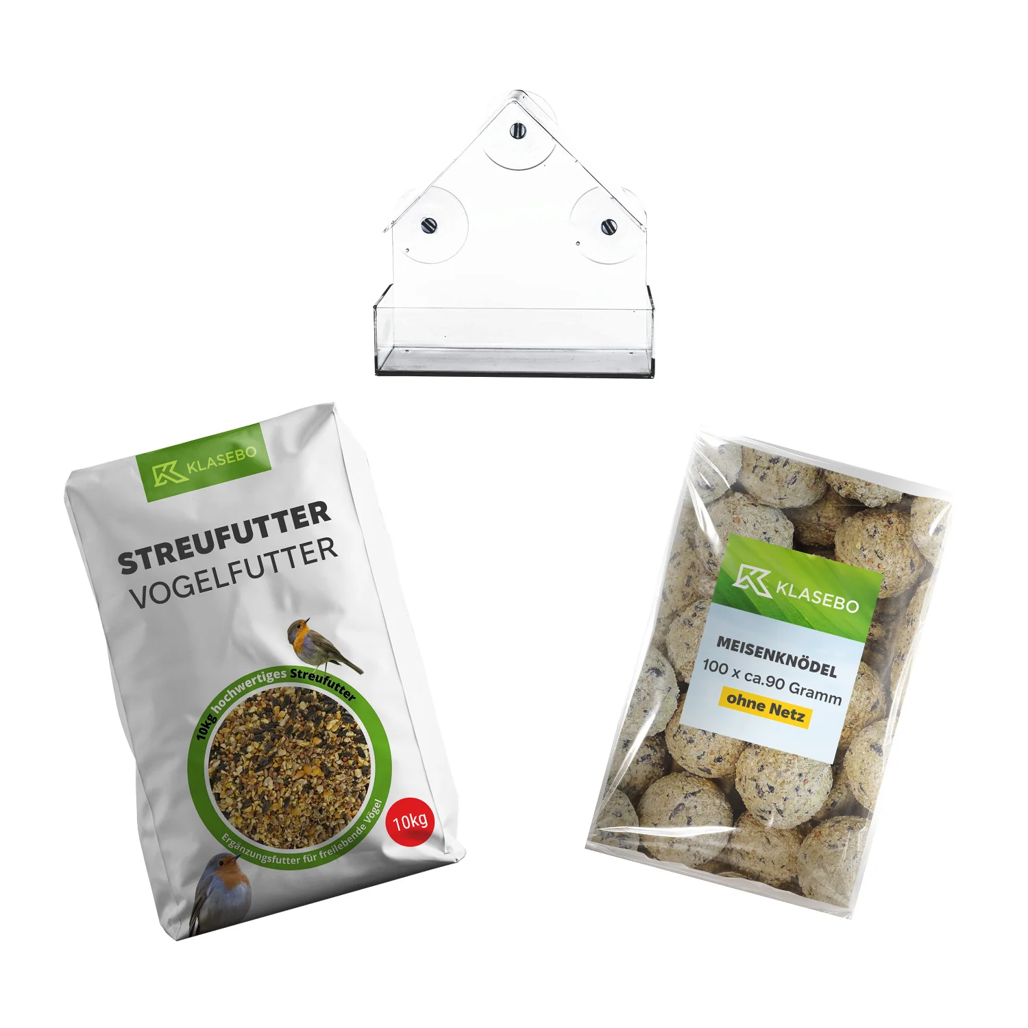 "Zestaw karmy dla ptaków okno Starter - Premium karma rozsypowa 10 kg, karmnik dla szyby okiennej 1 szt., knedle dla sikor bez siatki 100 szt. po 90 g image"