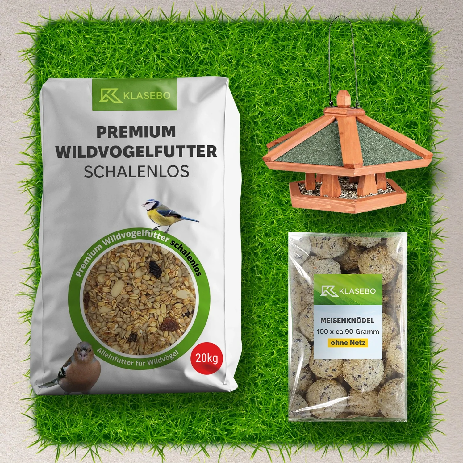 "Zestaw Kompletna Karma dla Dzikich Ptaków – Knedle dla Sikorek z Insektami 100 szt. po ok. 90g bez siatki, wiszący domek na karmę z drewna sosnowego 42x24cm, Premium-Karma dla Dzikich Ptaków bez skorupek 20kg image"