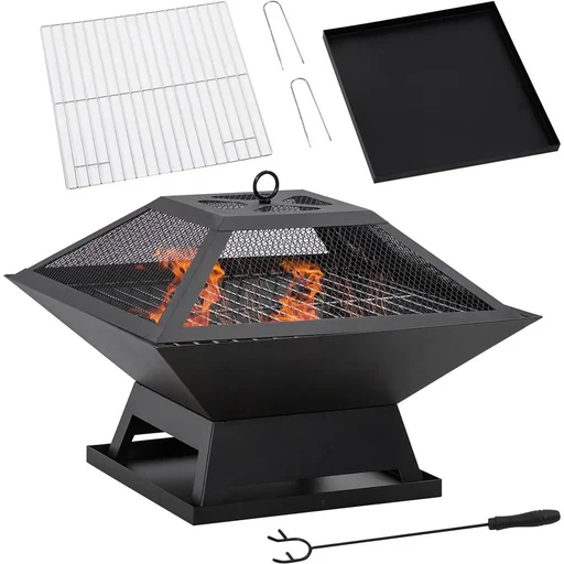 "Fire basket with lid and BBQ grill 45 x 45 x 34 cm image"