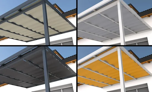 "Shading system with cable guide, 945 x 4900 mm - fabric Golden Crops, orange striped, suitable for roof depth 5 m image"
