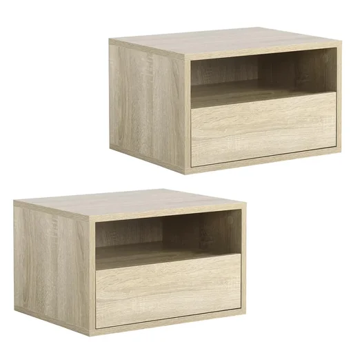 "2-piece wall-mounted bedside table, nightstand, wall cabinet with drawer, chipboard, natural, 45 x 35 x 27.5 cm image"