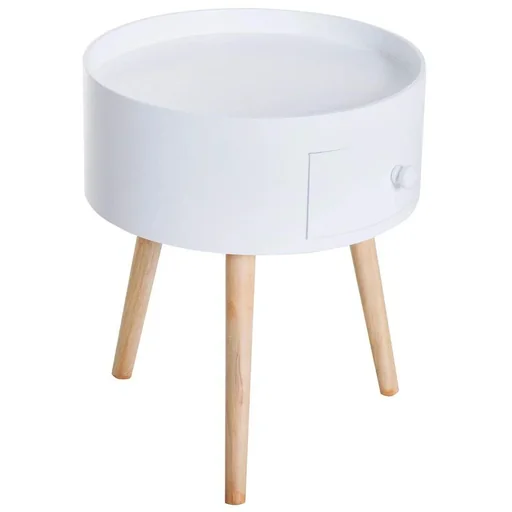 "Round coffee table with drawer, white wood image"