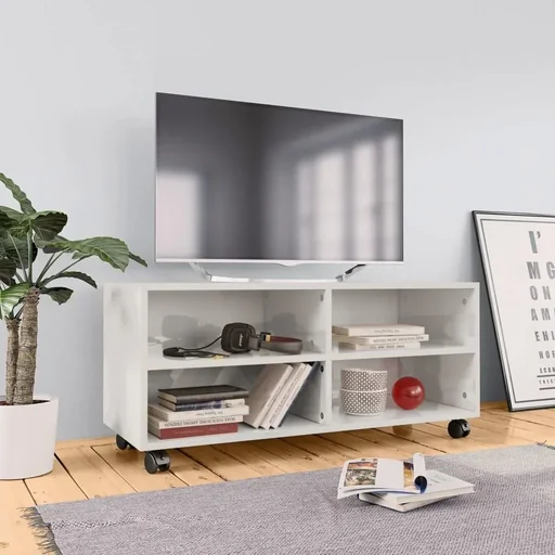 "TV cabinet with castors 90x35x35 cm chipboard high gloss white image"