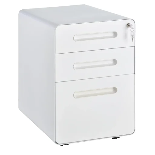 "Filing cabinet with 3 drawers, white image"