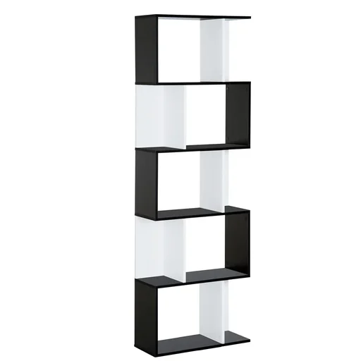 "Bookshelf S-shaped display shelf standing shelf 5-tier modern room divider chipboard black 60 x 24 x 184.5 cm image"
