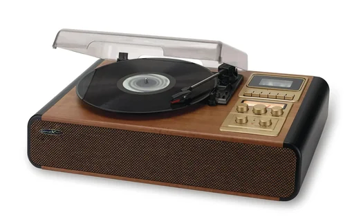 "Record player in wooden case with Bluetooth, cassette, FM radio, AUX-in image"