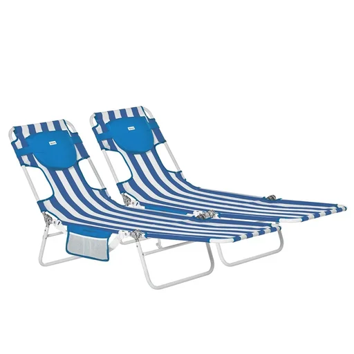 "Set of 2 sun loungers garden lounger with reading opening 5-level adjustable garden furniture PVC fabric+metal blue+white 182 x 55 x image"