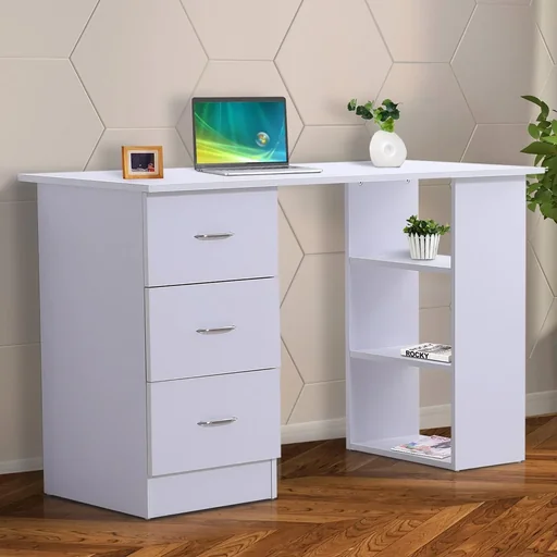 "Desk including 3 drawers and shelf image"