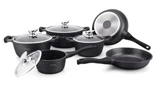 "NL 10-piece marble-coated cookware set - with lids - stockpot - frying pan - black image"