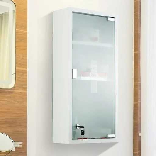"Medicine cabinet, first aid cabinet with lock, 3 compartments, frosted glass, metal, white, 27 x 57 x 12 cm image"