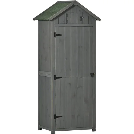 "Garden cabinet, garden house, tool shed, tool shed with shelves, asphalt roof, window, wood, grey+green, 77 x 54.2 x 179 cm image"