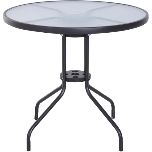 "Garden table, balcony table, bistro table, garden furniture with umbrella hole, tempered glass + metal, black, Ø80 x 72 cm image"