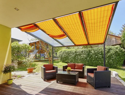 "Shading with cable guide, 1155 x 2900 mm - fabric Golden Crops, orange striped image"