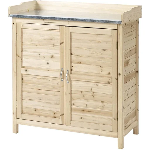"Garden cabinet, planting table with base cabinet, wooden tool cabinet, cabinet with 2 shelves, tool shed, garden shed image"