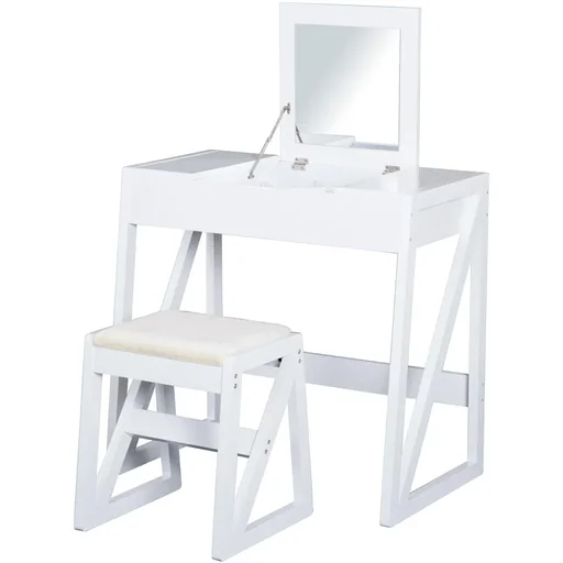 "Dressing table cosmetics with stool folding mirror white image"