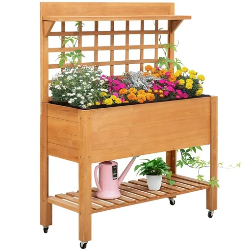 "Raised bed planting table flower table work table gardening table greenhouse wooden planting table for garden balcony, 105 x 45 x 135 image"