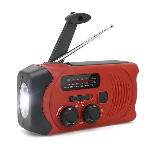 "Portable solar crank radio with flashlight image"