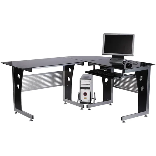 "Corner desk with safety glass image"