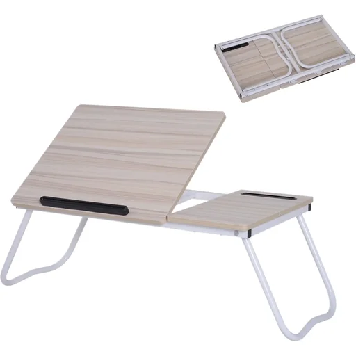 "Laptop table bedside table serving tray breakfast table adjustable chipboard + metal natural + white 64 x 36 x 27 cm image"