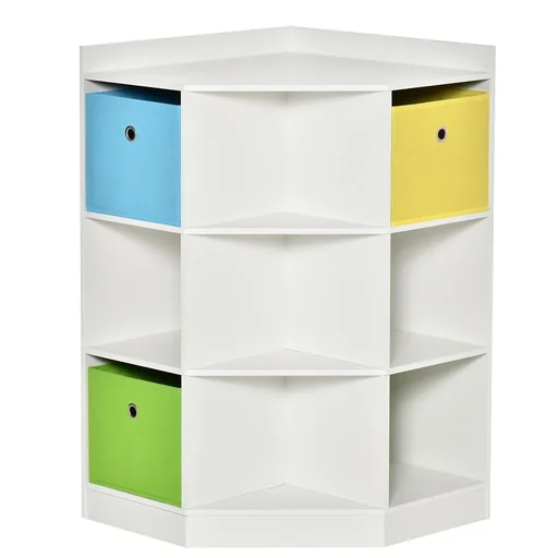 "Children's shelf corner shelf with 3 storage boxes children's room toy storage for 3-12 year old children white 57.4 x 57.4 x 94 cm image"
