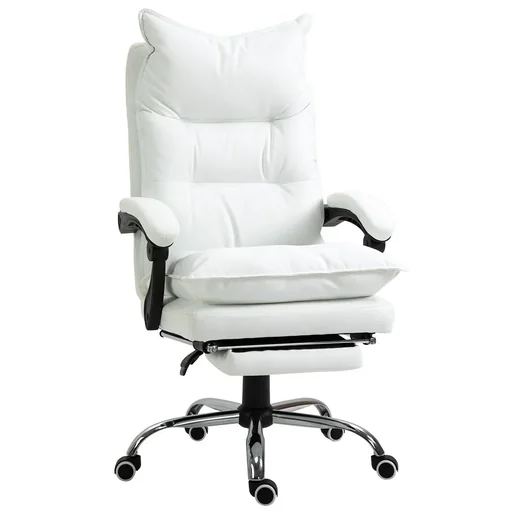 "Office chair with footrest, height-adjustable desk chair, swivel chair, backrest, artificial leather, white, 66 x 72 x 122-130 cm image"