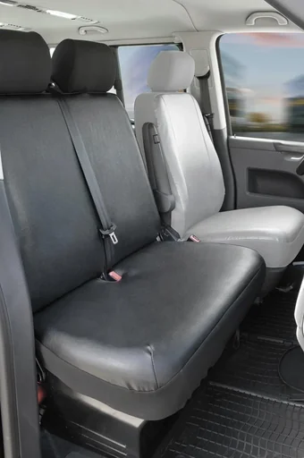 "Fitted seat covers VW T6 for double bench front foldable made of artificial leather from model year 07/2015 to today image"