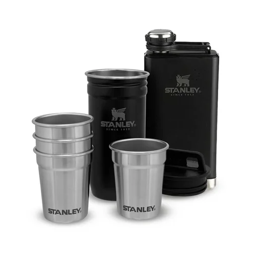 "Adventure Shot & Flask Gift Set, 236 ml bottle, 4 stainless steel shot glasses, 59 ml, stainless steel container matte black image"