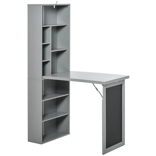 "Foldable desk with 6 compartments, bookcase with 3 shelves, computer desk, office desk, E1 chipboard, metal frame, dark gray image"