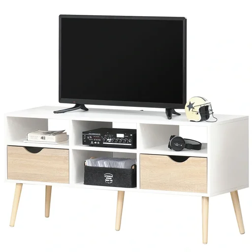 "TV table TV cabinet with 2 drawers TV board chipboard solid wood legs white+oak 117 x 39 x 57 cm image"